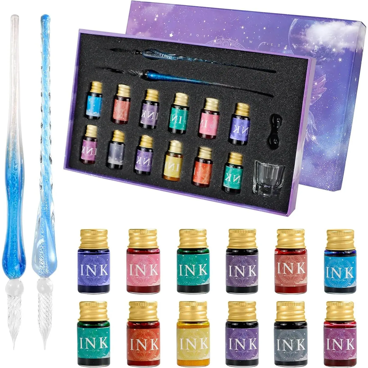 Glass Dip Pen Set, 16 count Calligraphy Fountain Pens Set, 2  Glass Pen, 12   Drawing Drip Tool for Writing Signatures Art Christmas , Calligraphy Kit for Beginners