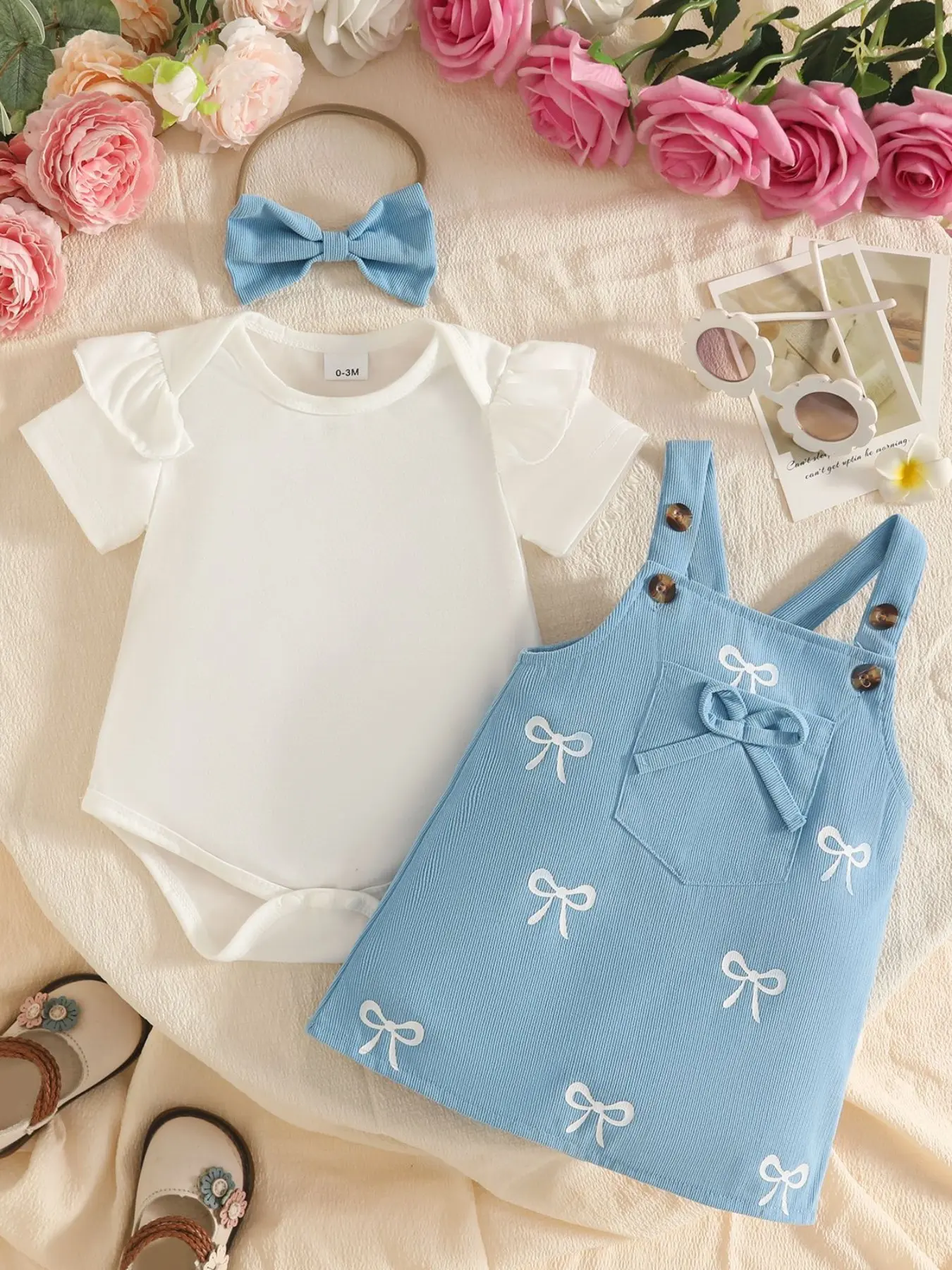 2-Piece Set Baby Summer, Sleeveless Plain Triangle Romper with Corduroy Bow Back Dress & Hairband, 0-1 Year Old Onesie + Short Sleeve Bodysuit, Baby Girl Clothes