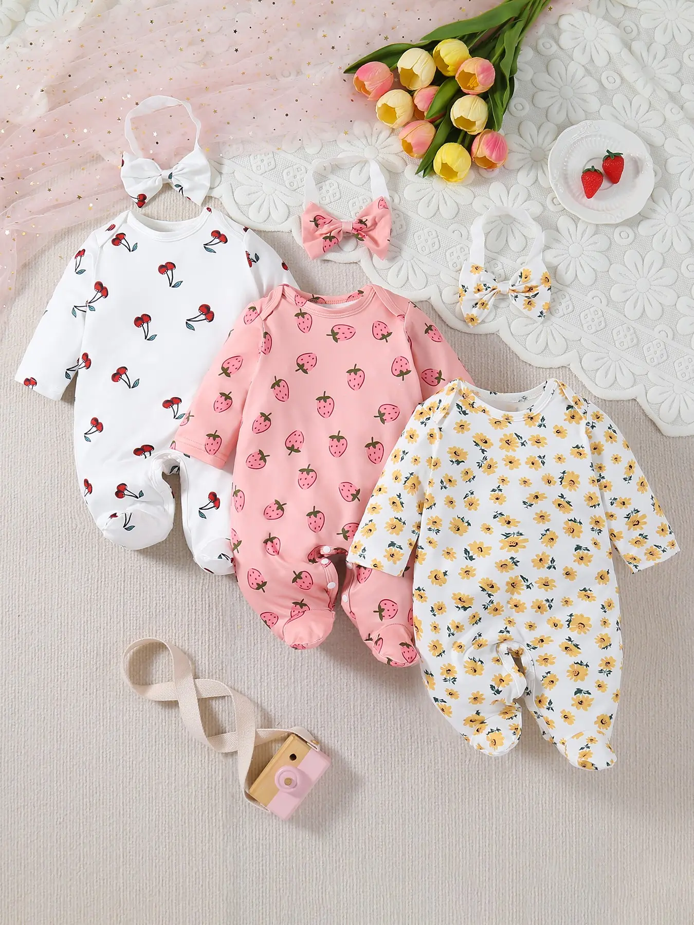 Baby Girls Infant Cute Fruit Print Three-Piece Set, Cherry Strawberry Daisy Design, Soft Breathable Fabric, Bow Hairband Included, Clothing