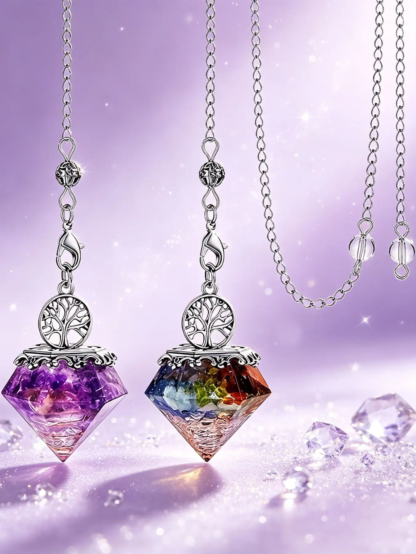 2pcs/set Natural Stone Crystal Resin Pendulum Pendant, Amethyst + Chakra Diamond Shape, Emotion Balance, Yoga Meditation Gift