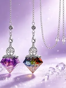 2pcs/set Natural Stone Crystal Resin Pendulum Pendant, Amethyst + Chakra Diamond Shape, Emotion Balance, Yoga Meditation Gift