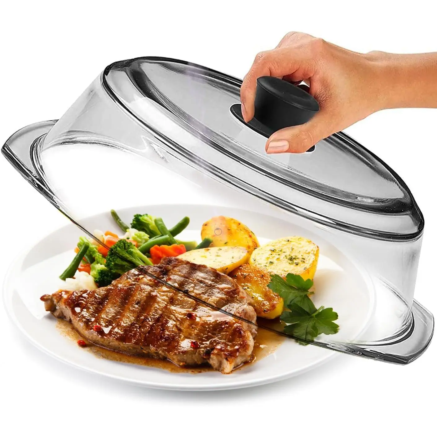 Tall Glass Microwave Splatter Cover for Food - Cookware & Bakeware Serving Dish Cover, Plate Guard Lid with Easy Grip Silicone Handle Knob - 100% Food Grade BPA Free & Dishwasher Safe - 10in