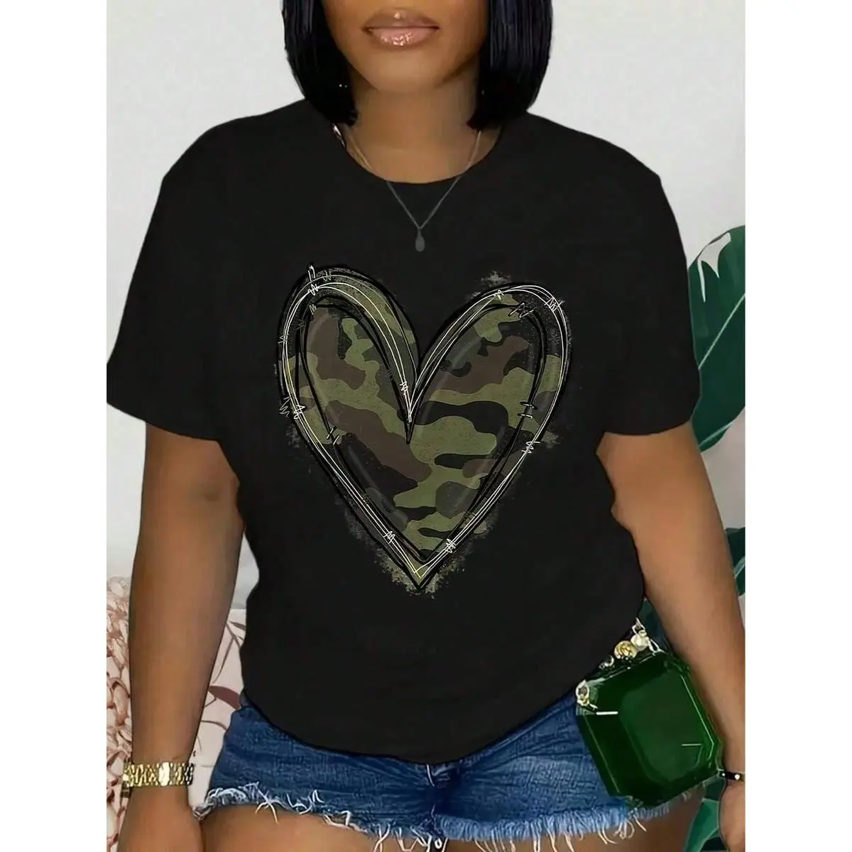 E Women's Camouflage Heart Graphic Print-Shirt - Soft Breathable Cotton Casual Short Sleeve Round Neck Top Spring Summer Daily Wear, Casual Daily Wear Camouflage Graphic Tee Pullover