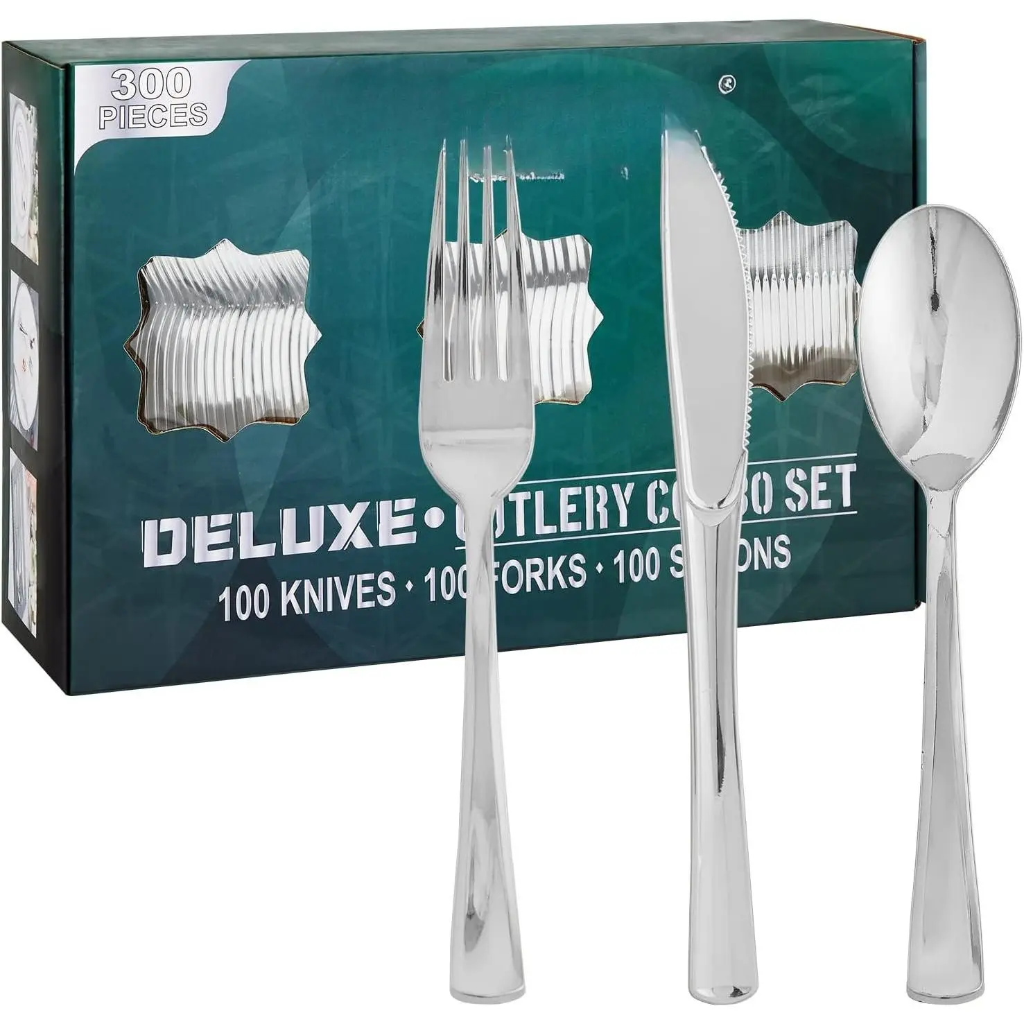 300 Pack  Plastic Cutlery Set - 100 Forks, 100 , 100 Spoons - Disposable Flatware Heavy Duty Plastic Silverware Set for Catering, Parties, Dinners, Weddings