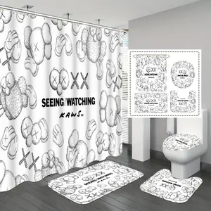 4pc Street Style Kaws Decorative Shower Curtain Set, Graffiti Design, Modern Geometric Pattern, Transform Your Bathroom Into Art Space