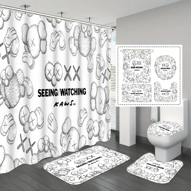 4pc Street Style Kaws Decorative Shower Curtain Set, Graffiti Design, Modern Geometric Pattern, Transform Your Bathroom Into Art Space
