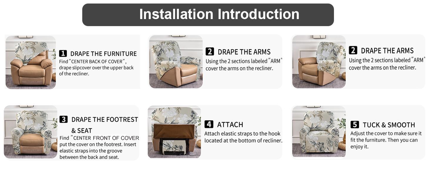 Stretch Recliner Cover 4 Pieces Printed Lazy Boy Chair Covers Floral Patterned Recliner Sofa Slipcover Anti-Slip Fitted Furniture Protector with Elastic Bottom, A3