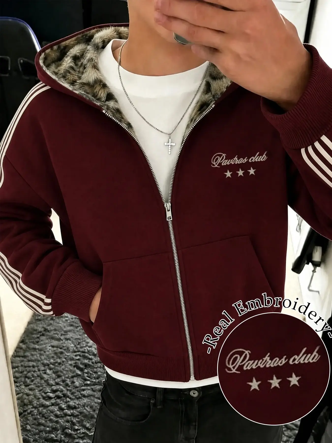 Men's Wine Short Full-Zip Hoodie, Leopard Print Lining, Metal Zipper, Webbing, Embroidered Logo, Oversized, Y2K Style, Fall Winter