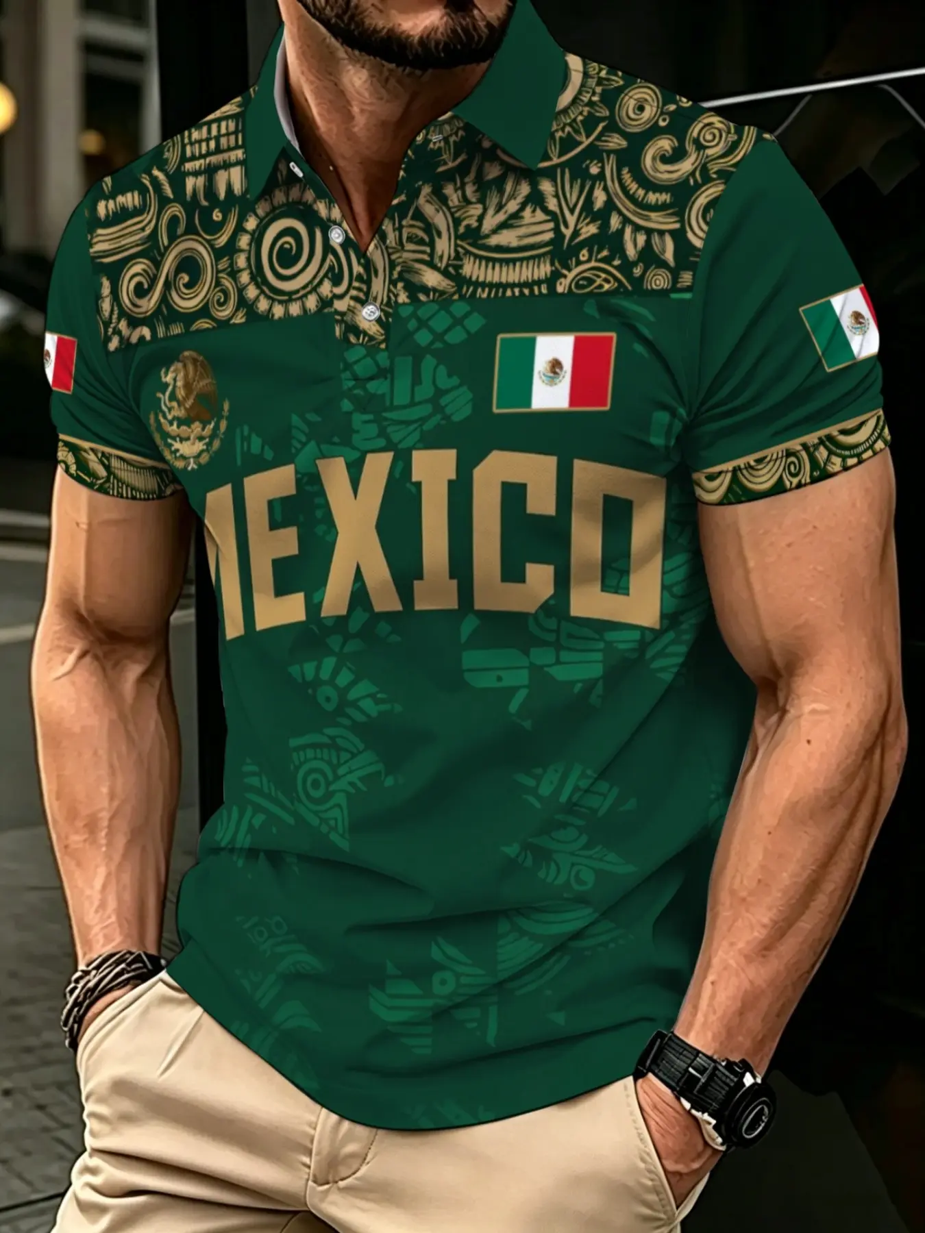 Men's Mexico Element Printed Short Sleeve Polo Shirt, Casual Football Game Day Sports Top for Mexican Fans, Ethnic Retro Printed Top for Party and Daily Wear