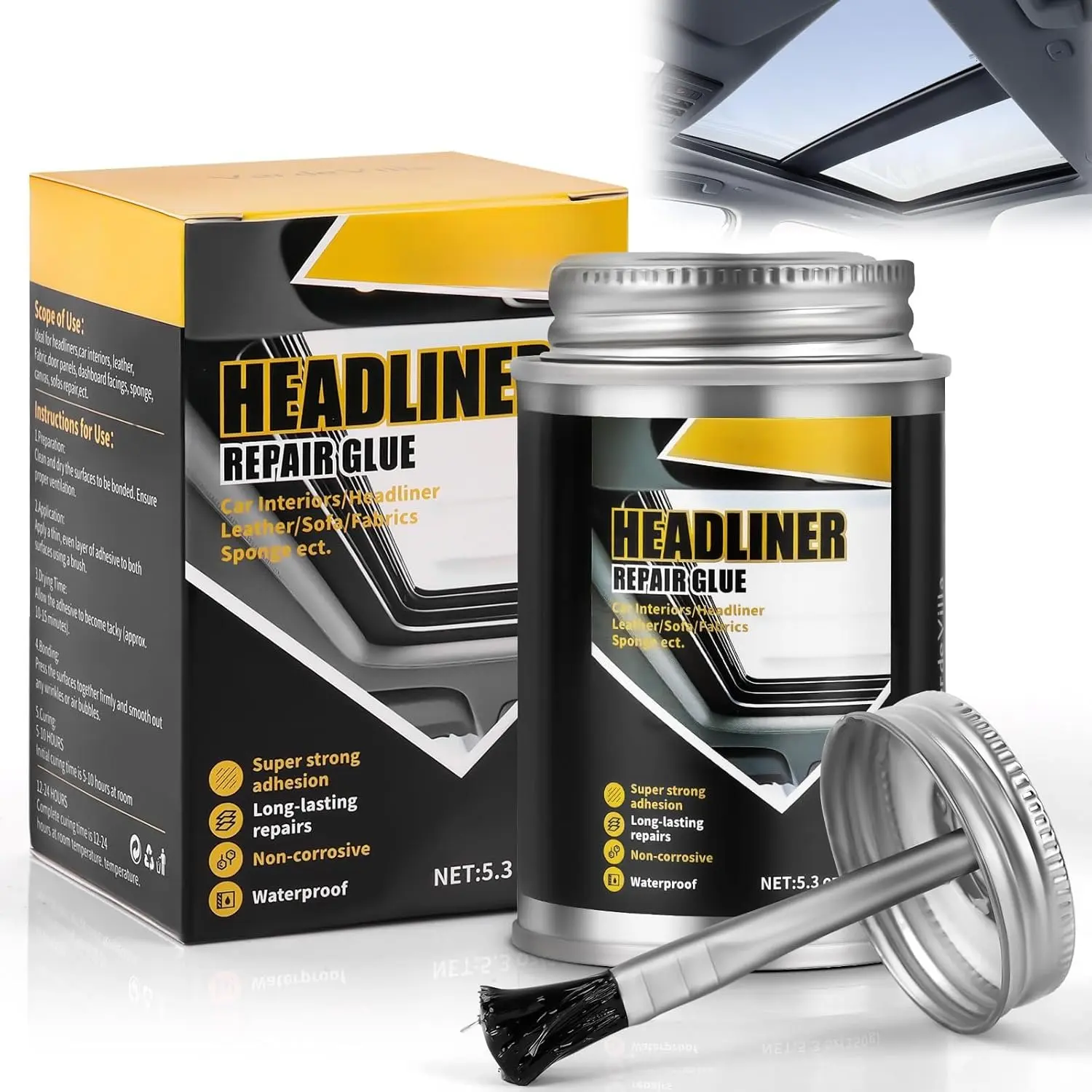 Headliner Repair Glue,  Headliner Adhesive with Brush,  Roof Liner Fabric Adhesive, Upholstery Glue for ,Headliner Repair Kit, Suitable for Automotive interiors, Fabric, Leather,150ml