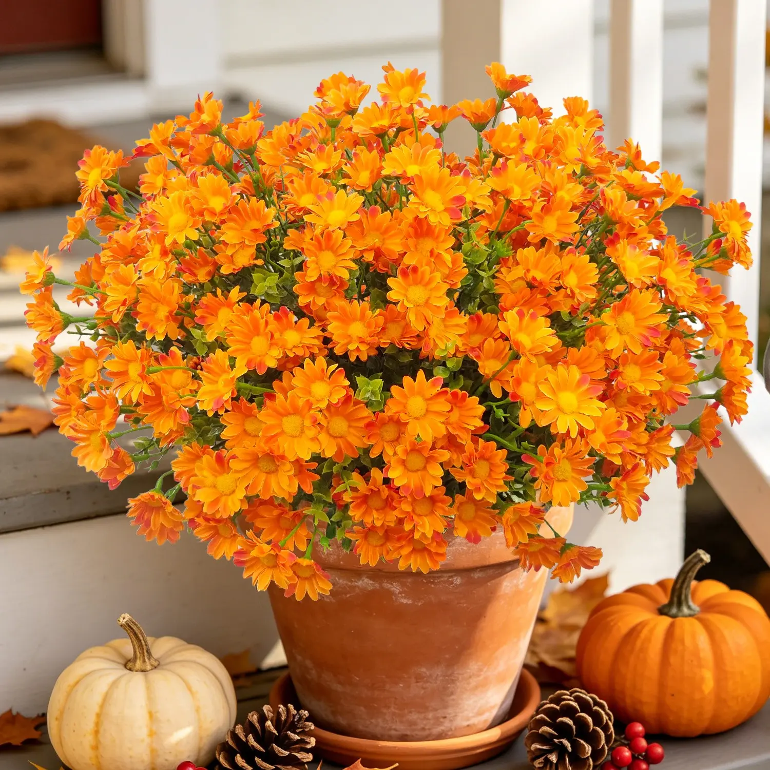 14 Pcs UV Resistant Fall Artificial Daisy Flowers, Realistic Plastic Faux Floral Arrangement, Indoor & Outdoor Decor
