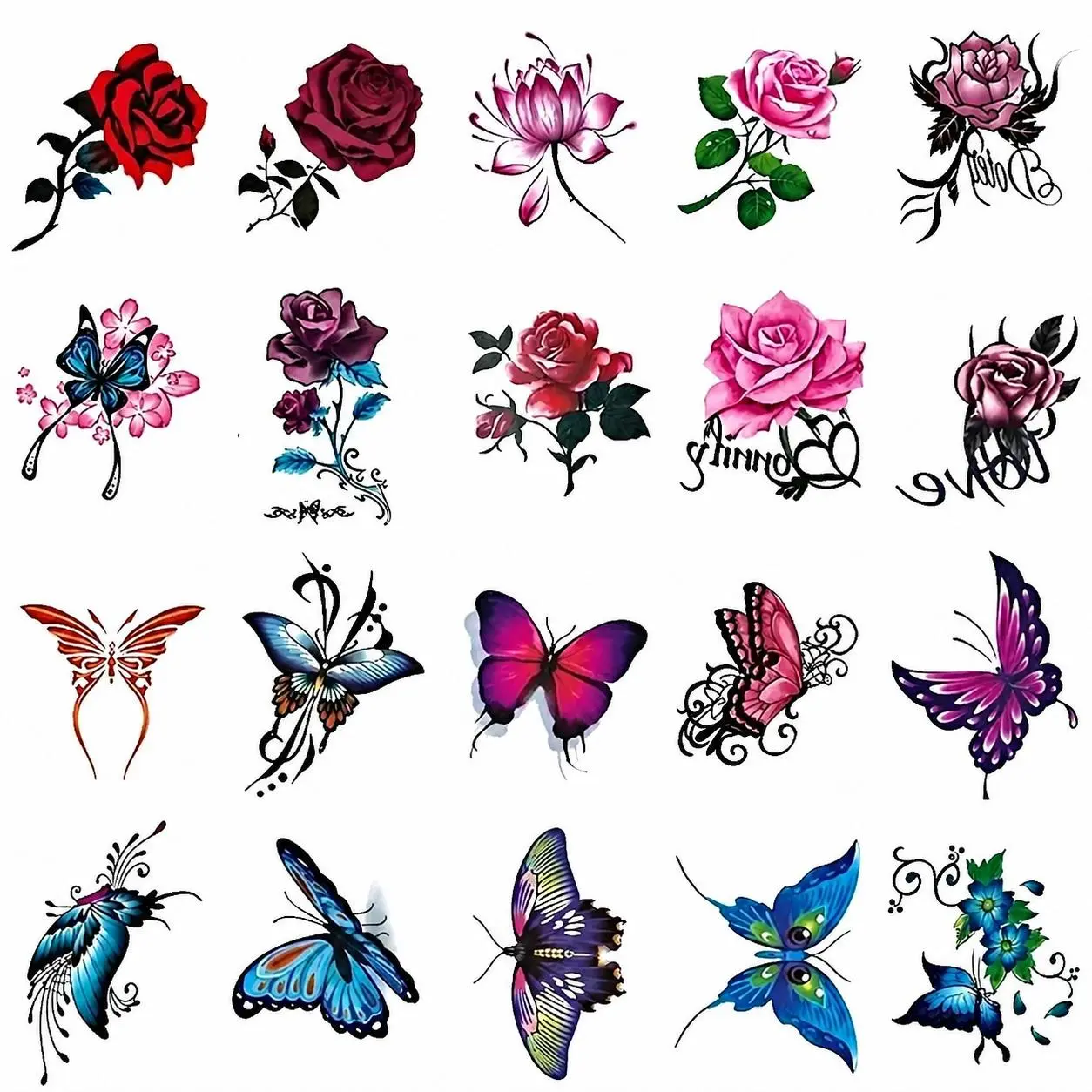 20-Piece Floral Temporary Tattoo Set Featuring Delicate Butterfly and Rose Designs – Waterproof, Skin-Safe Water-Transfer Body Art Stickers for Teens and Adults, Ideal for Festivals, Parties, and Everyday Self-Expression