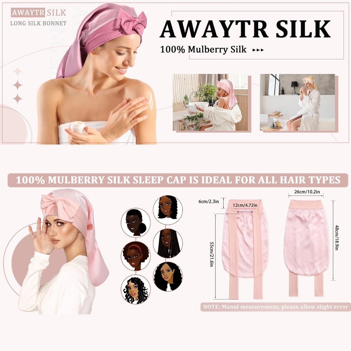 AWAYTR 100% Mulberry Silk Bonnets Long Hair Bonnets Ladies Tie Band Nightcap for Sleeping Haircare Hair Wrap for Braids Curly Hair Gifts Pink Black Headwear