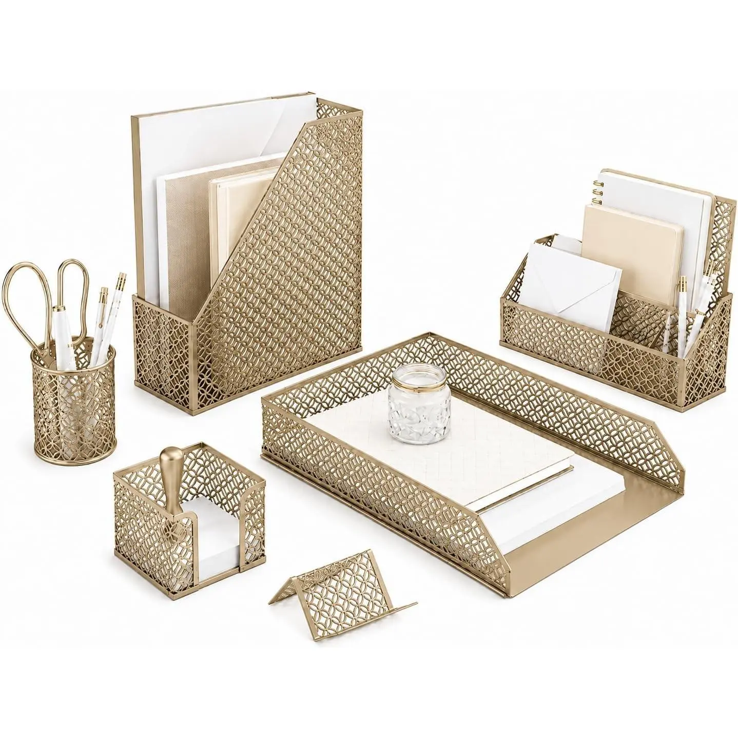 Gold Desk Organizer Set with Mail Sorter, Sticky Note Holder, Pen Cup, Magazine Holder, Letter Tray & Business Card Holder | Stylish Desk Accessories for Women & Home Office Décor