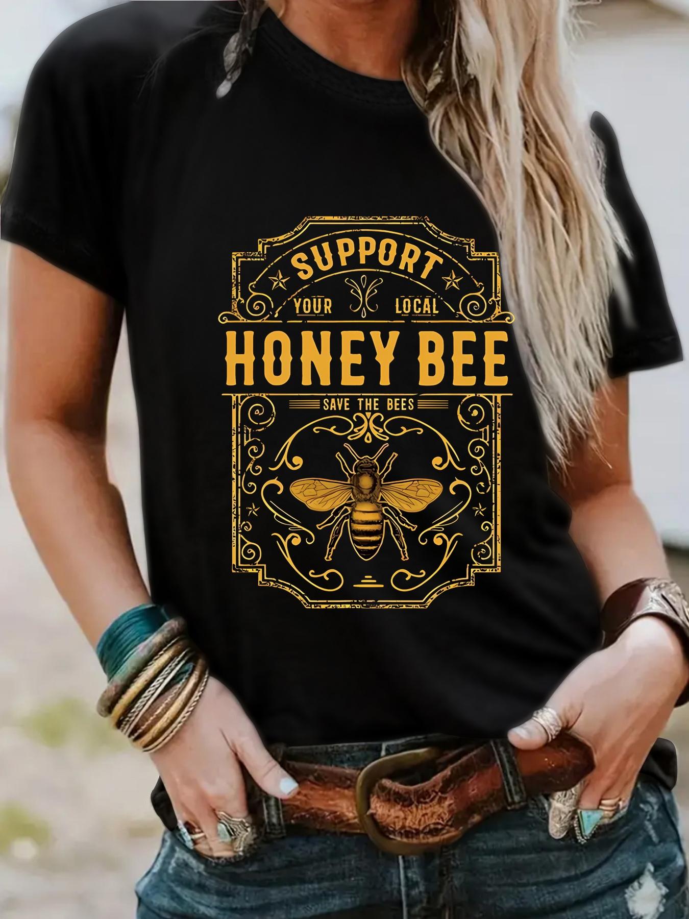 Women's Honey Bee Print Round Neck Graphic Tee, Vintage Trendy Casual Fitted Short Sleeve T-shirt for Daily Wear, Ladies Summer Outfit