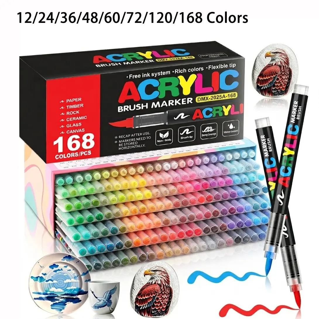 12/24/36/48/60/72/120/168 Colors Acrylic Paint Pens Markers Set, Brush Tip for Rock, Wood, Canvas & Stone Painting, DIY Crafts Tool, Art Tools & Christmas Gifts