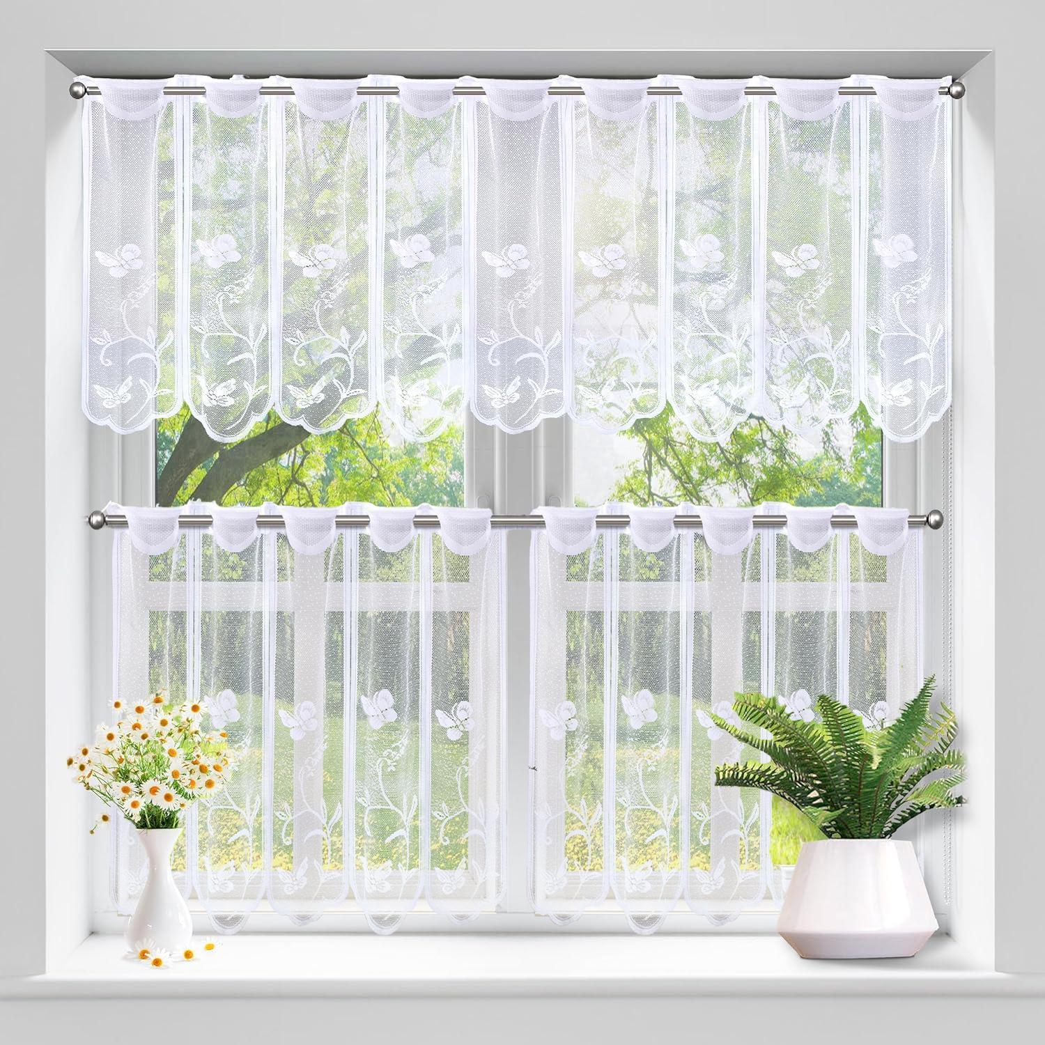 Butterfly & Flower Pattern Lace Curtain, Short Curtain, Window Curtain for Home Living Room Bedroom Kitchen, Home Decor, Net Curtains Window