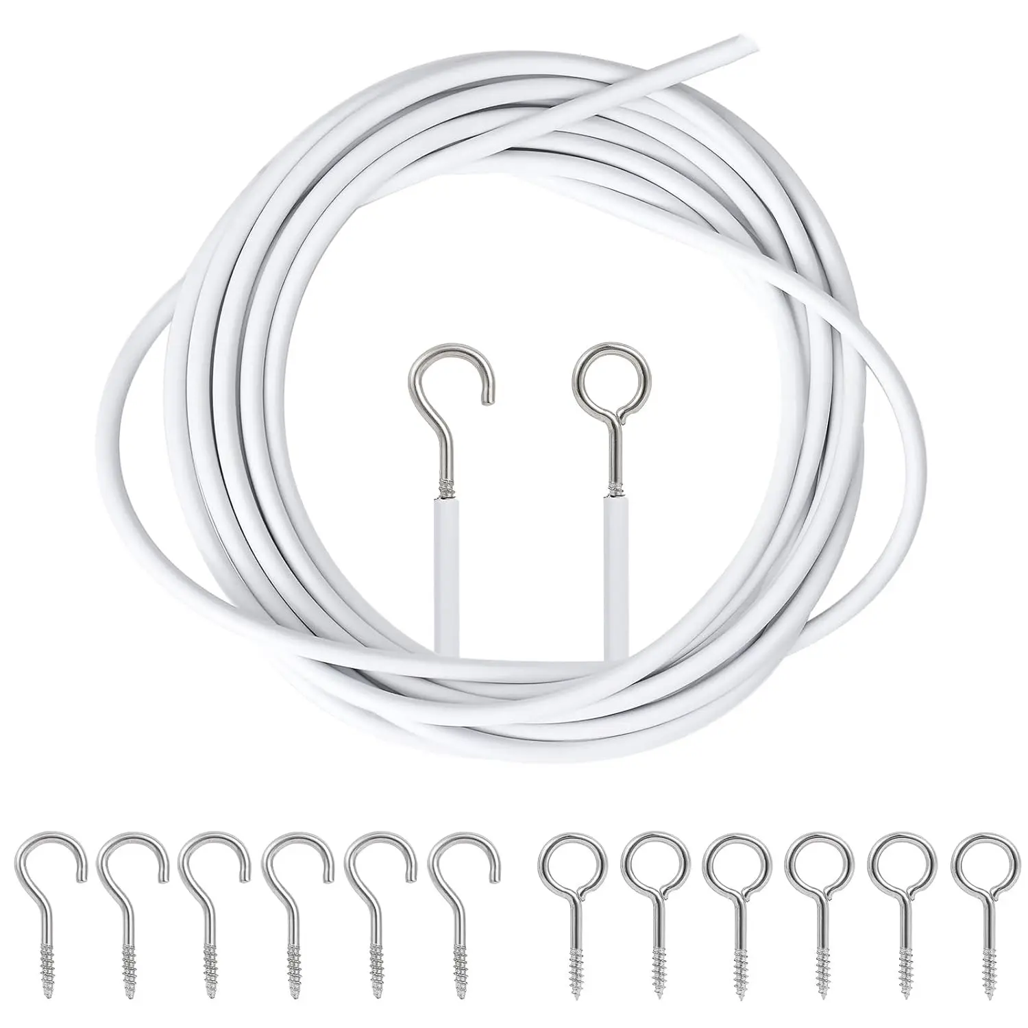White Curtain Wire Plastic Coated Window Picture Hanging Wire with 8 Pairs of Screw Eyes and Hook 4 Meters