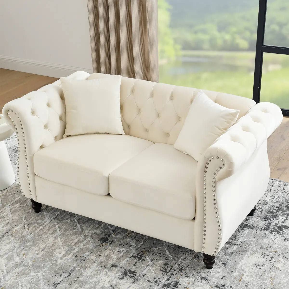 58.8" Chesterfield Sofa Couch Loveseat 2 Seater Couches Beige Velvet for Living Room, 2 Seater Sofa Tufted Couch with Rolled Arms and Nailhead for Living Room, Bedroom, Office, Apartment, two pillows