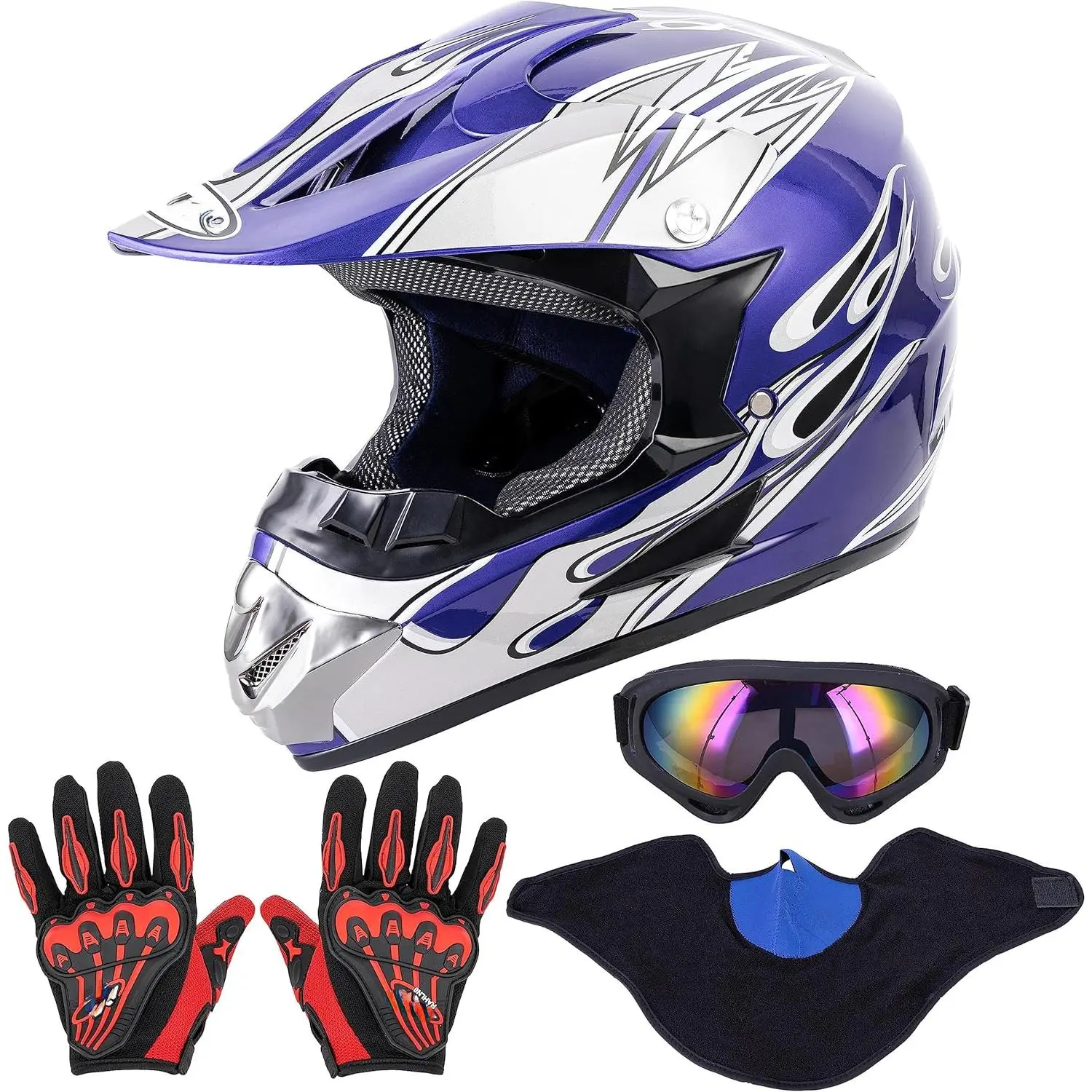 Adult Motocross Dirt Bike Helmet with Goggles, Gloves & Mask Dirt Bike ATV Helmet  Unisex-Adult Men Women Adjustable Sun Visor DOT/FMVSS-218 Off-Road Motorcycle Helmet UTV Helmet Downhill