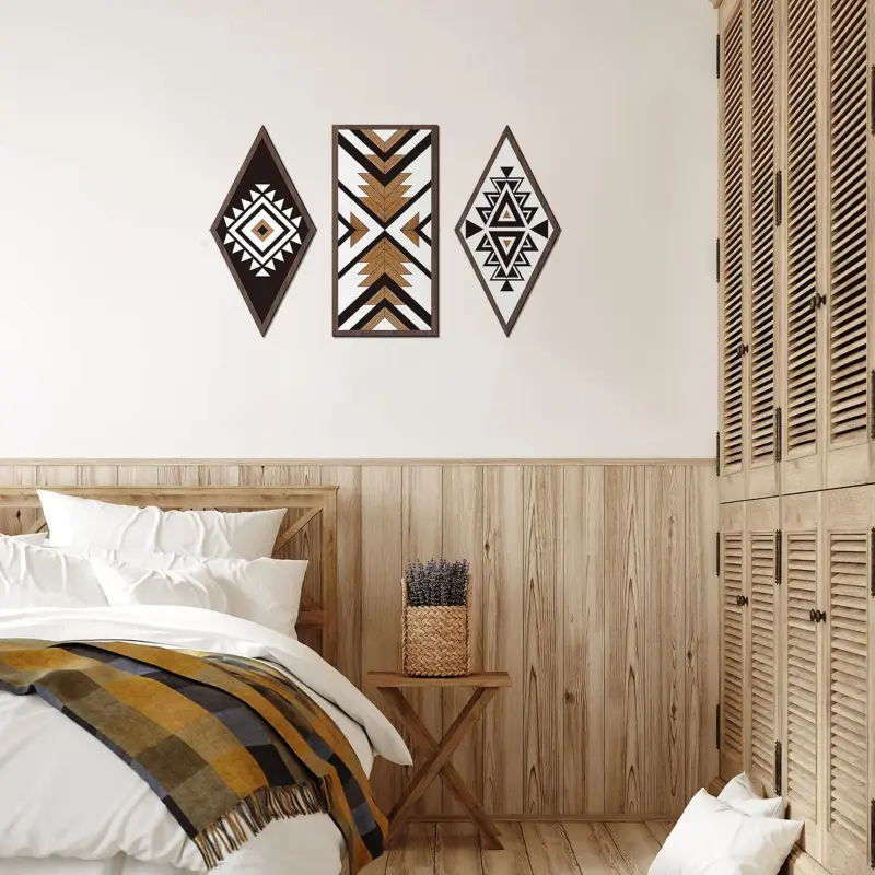 3 Southwest Boho Wall Decor Pieces, Aztec Geometric Wooden Wall Art, Tribal Diamond Wooden Plaques, Western Farmhouse Wall Hangings, Ethnic Boho Bedroom Decor, Rustic Cabin Wall Decor Set, Native American Geometric Style Wall Ornaments, Artwork For Walls