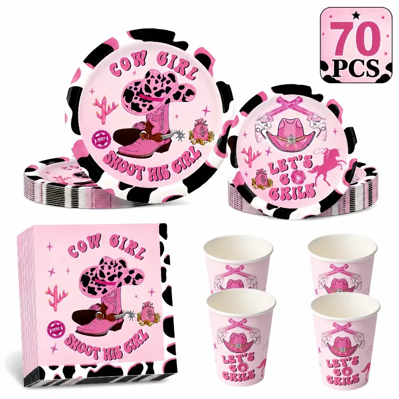 70pcs Western Cowboy Theme Disposable Party Set, Includes Plates, Dessert Dishes, Cups, Napkins, Perfect for Camping, Picnics, Birthdays, Holidays