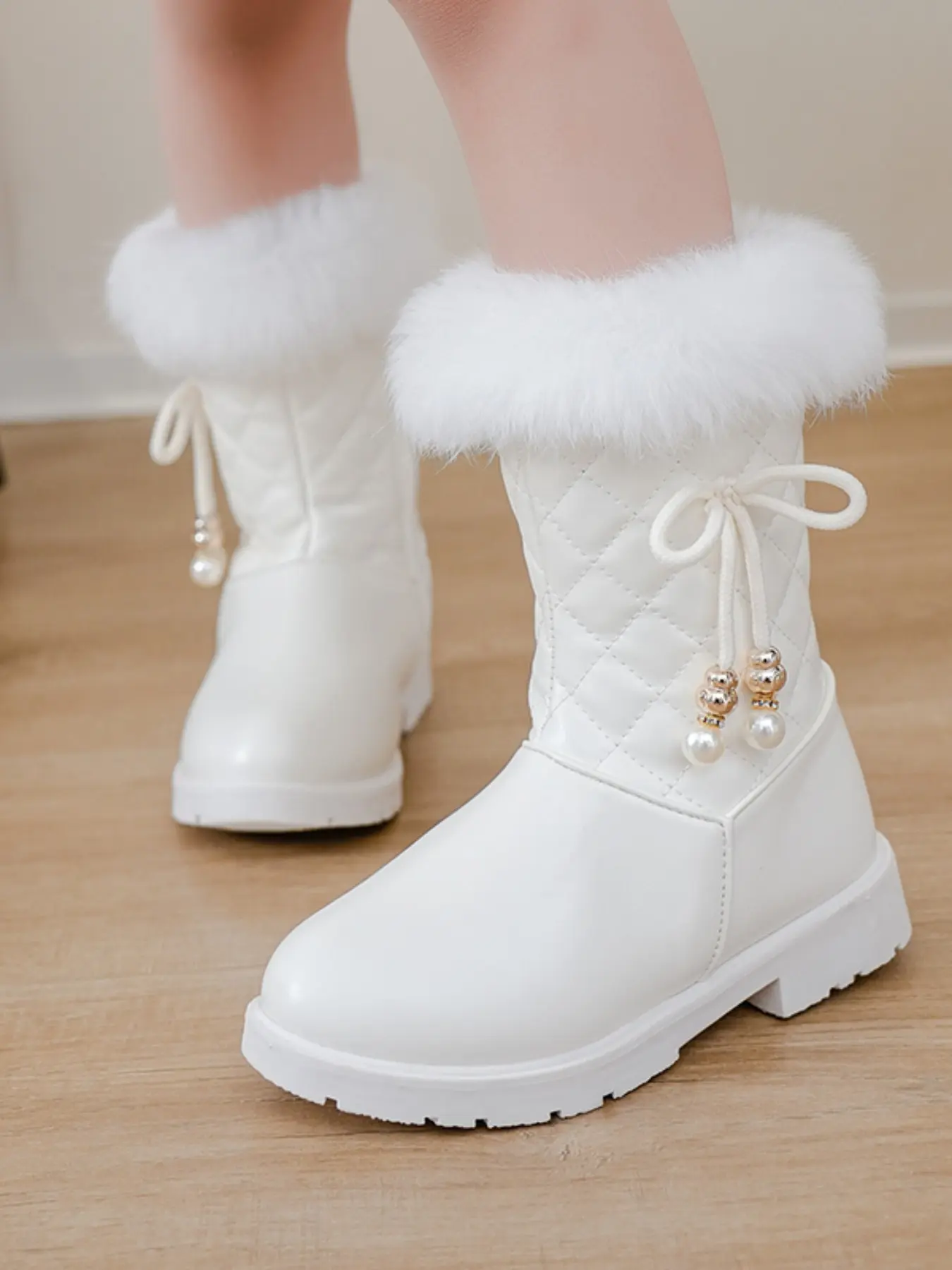 Girls' Snowy Mid-Calf Boots, Boot Bows, Rhombus Plush Pearl Bow, Lined Warm Winter Princess Shoes, Elegant Style, Fall & Winter Wear