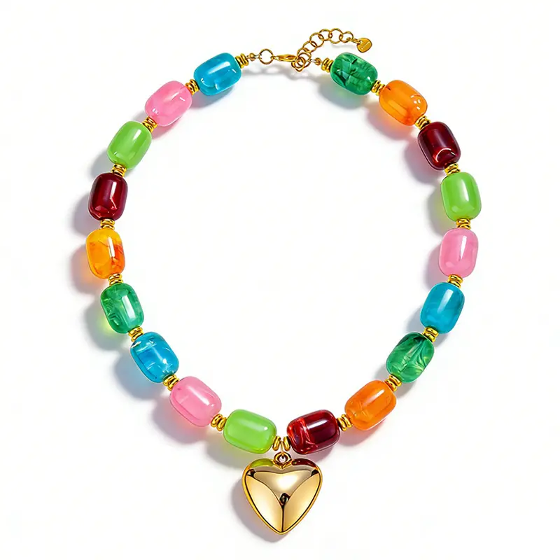 Colorful Resin Beaded Statement Necklace, Gold Heart Pendant Irregular Acrylic Chunky Necklace, Y2K Trendy Jewelry for Women Daily Party Festival