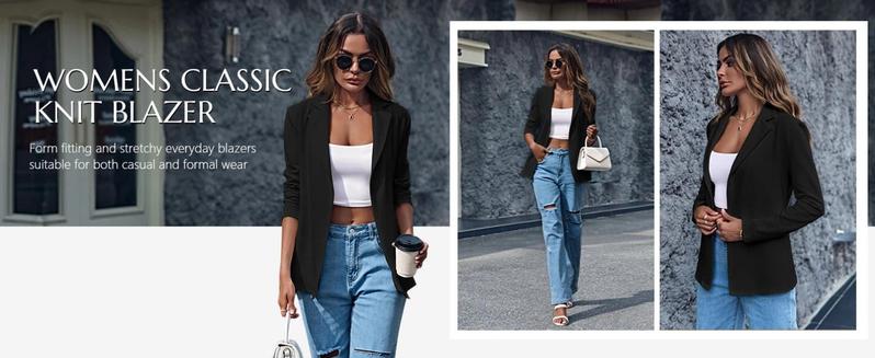 FMEYOA Womens Casual Long Sleeve Blazers Solid Color Knit Blazer Work Office Open Front/Button Down Blazer Jacket Formal Essential