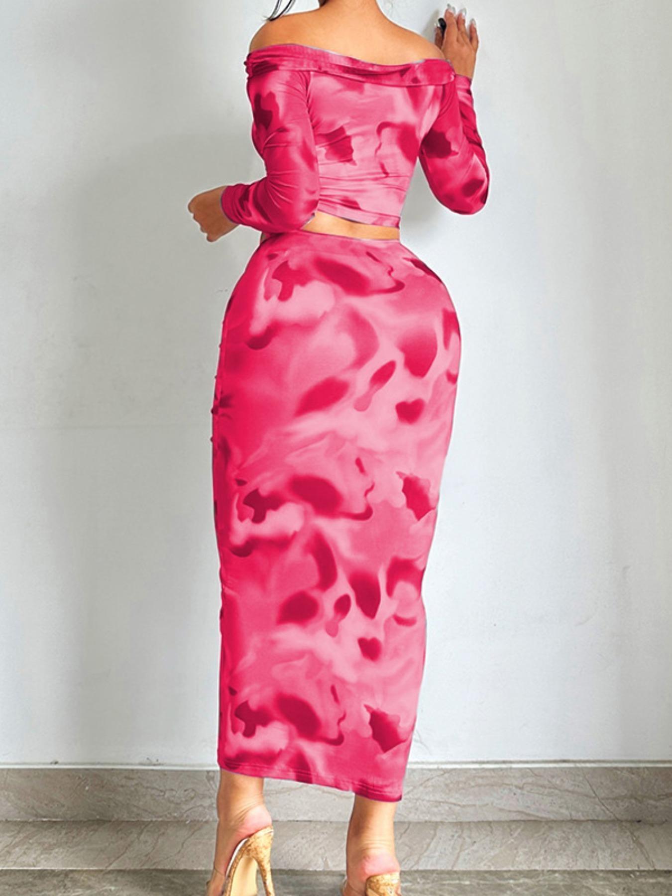 Women's All Over Print Skirt Set, Elegant Chic Off Shoulder Crop Long Sleeve Top & High Waist Bodycon Skirt Set, Fashion Casual Two Piece Outfits for Party Club Dating, Ladies Clothes for All Seasons Valentine's Day, Gift