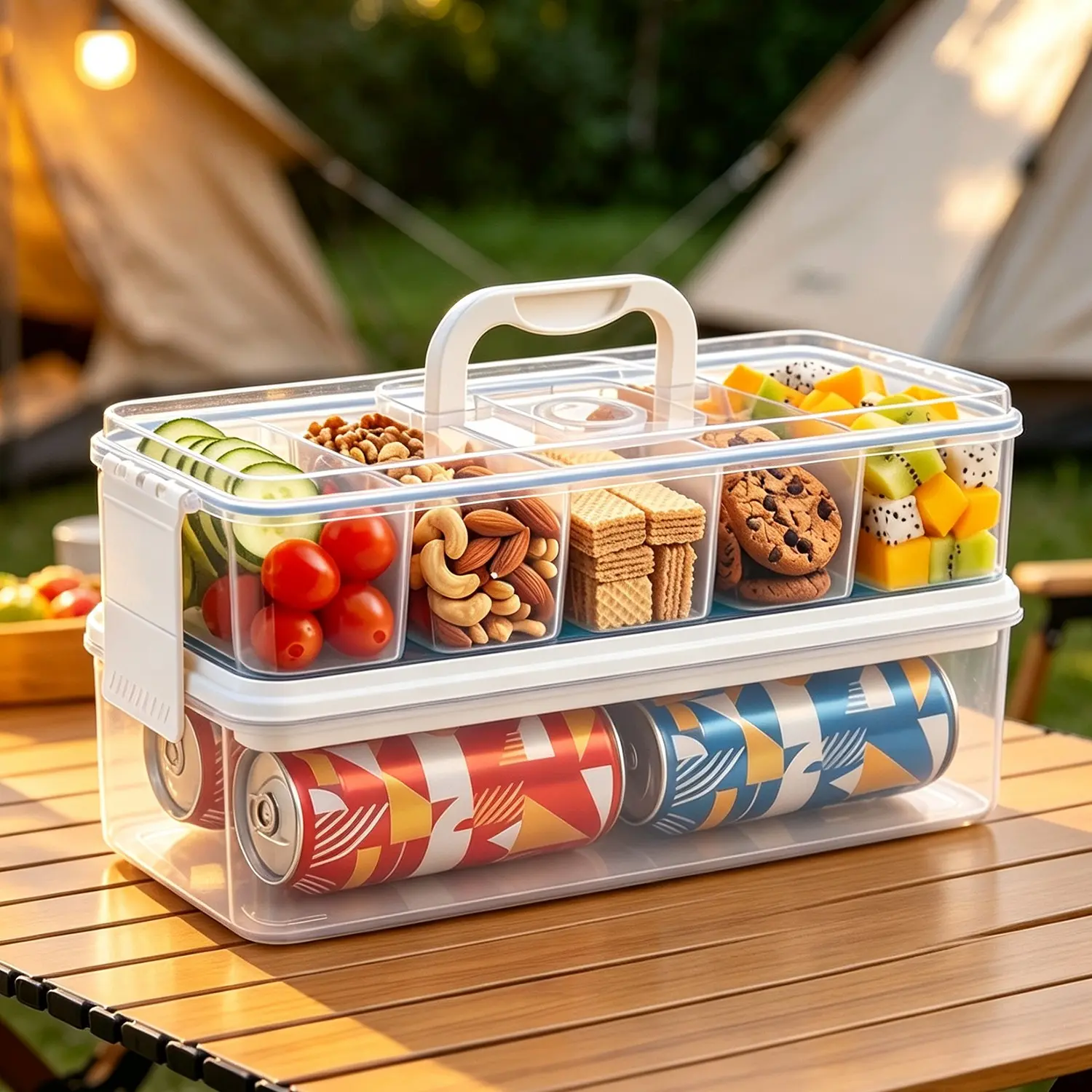 Snackle Box Container with 2 Plastic Ice Packs, Reusable Snack Containers With Lids, Divided Serving Tray with Lid & Handle, Double-layer Tray and 5-Compartment Snack Platter for Fruits, Candy & Nuts, Portable for Beach, Road Trip, Picnic and Parties