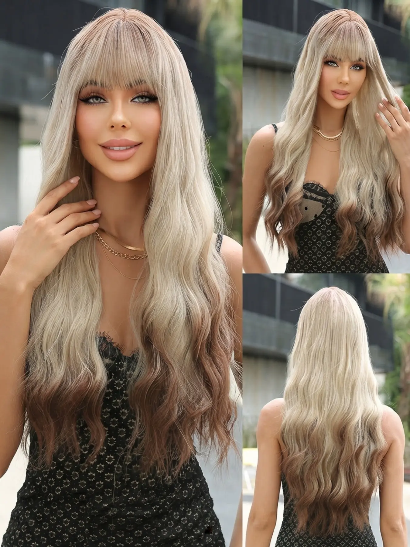 Long Wavy Ombre Ash Blonde Wigs with Bangs Synthetic Wigs for Women Dark Brown Ends Heat Resistant Fiber Hand Woven Wave Hair Daily Wear Party Cosplay Natural Looking Soft Realistic Blonde Brown Fake Hair Style Wigs