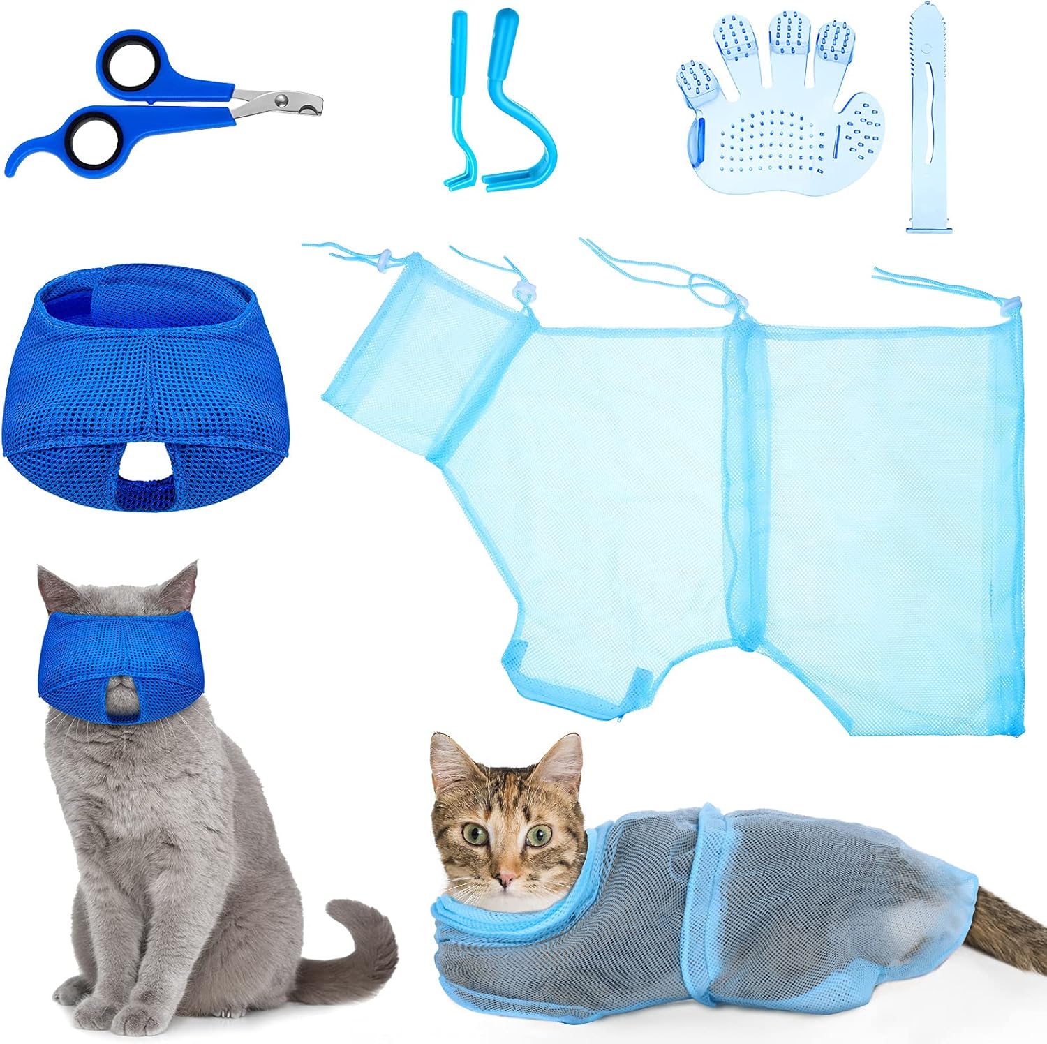 5 Pcs Cat Bathing Bag Set Cat Grooming Bag Adjustable Pet Shower Net Muzzles Nail Clipper Tick Remover Tool Massage Brush(Blue) cat  bath  bag Comprehensive Cat Bathing Set
