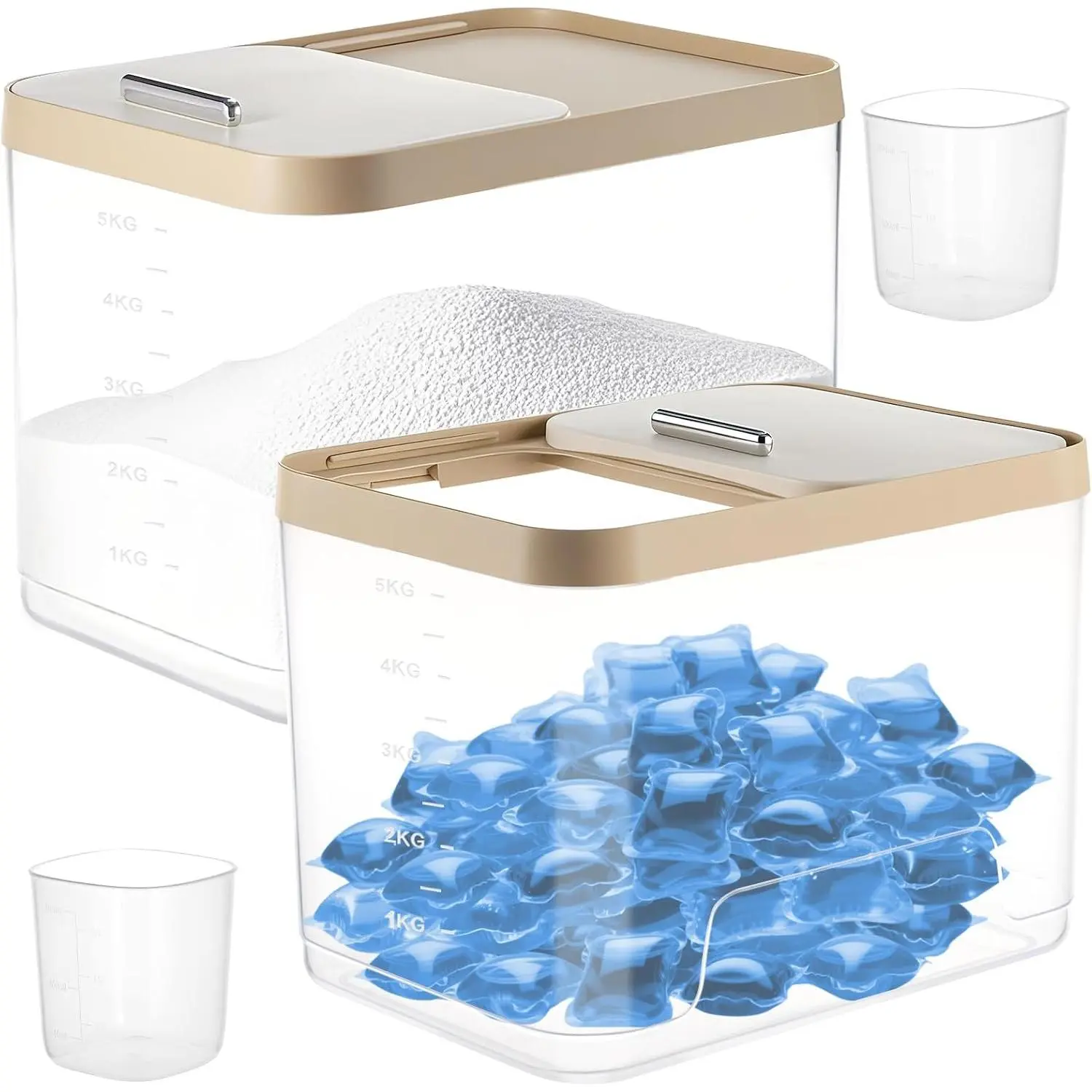 Large Laundry Pods Container with Slide Lid, Laundry Room Organization for Booster Beads with Measuring Scoops, Laundry Pods Holder for Scent Booster, Powder, Pods. (Clear 2-Pack)