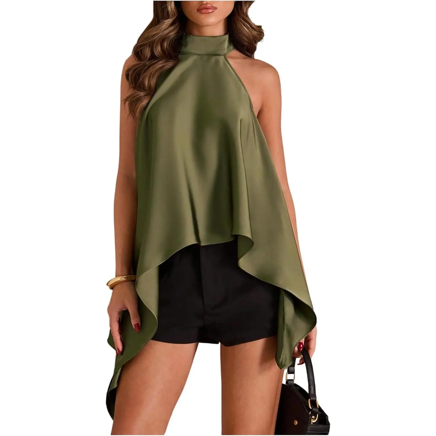 BEAUDRM Women's Satin Halter Top - Flowy, Asymmetrical, Sleeveless, Tie-Backless, Classy Dressy Silky Going Out Tank - Comfy Fabric, Suits High-Waist Bottoms