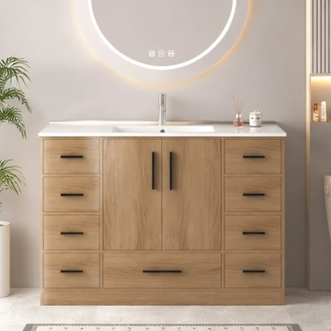 48" Width Arch Freestanding Vanity Floor Cabinet - Durable MDF & Resin-Finish Construction, 2 Soft-Close Doors, 9 Drawers, Light Oak/Dark Brown Finish, Assembly Required, Drawer Organization, Transitional Home Decor, for Bathroom