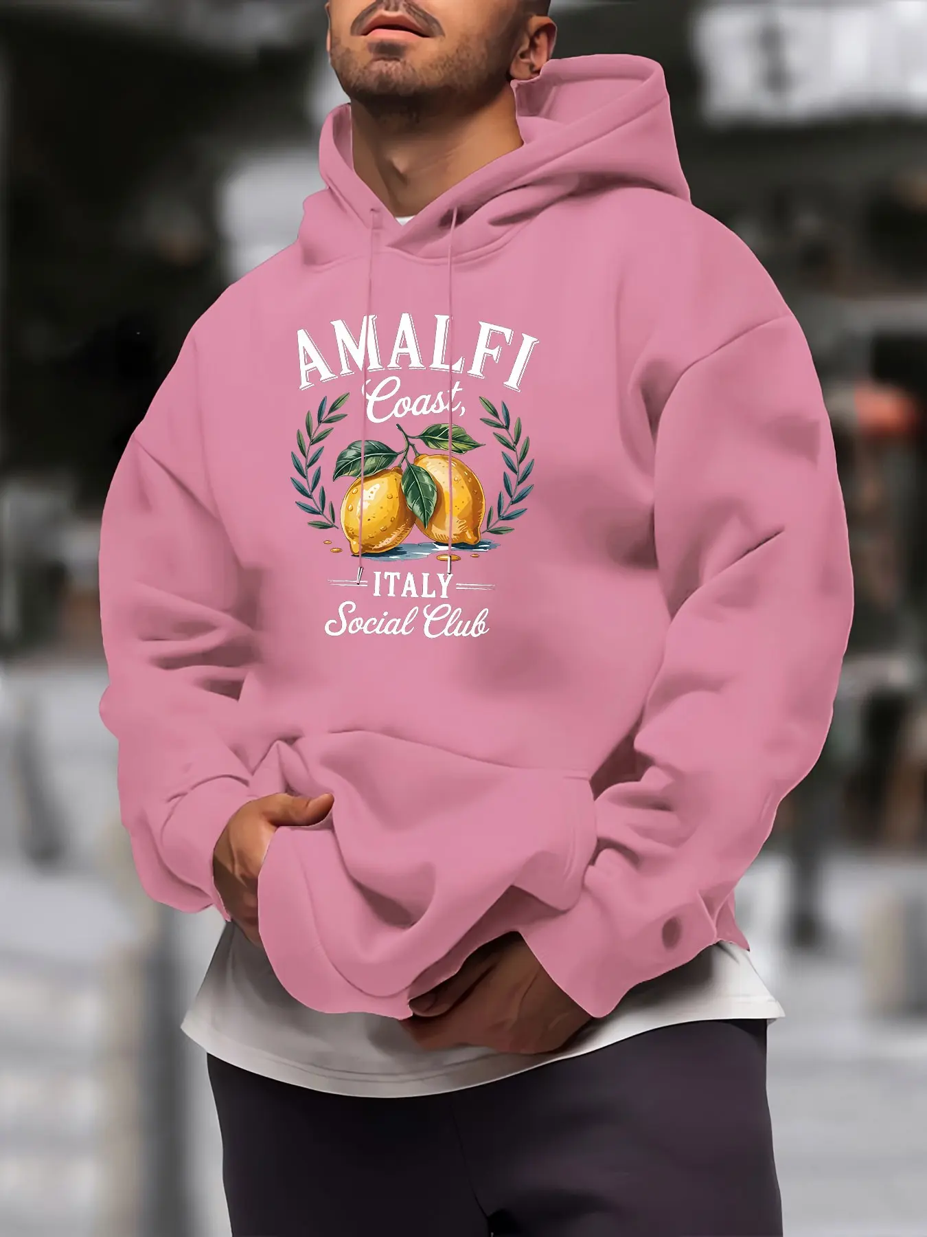 Men's Italian Amalfi Coast Lemon Print Hoodie, Loose Fit Drawstring Pocket Casual Sweatshirt, All Seasons Comfortable Top