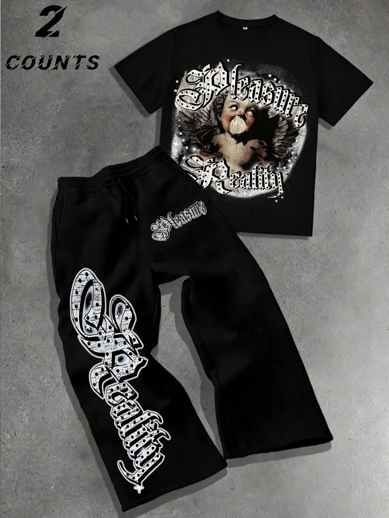 Grunge Aesthetic Matching Set Black Graphic Tee Top and Wide Leg Sweatpants with Side Letter Print Gothic Punk Hip Hop Streetwear Tracksuit Set