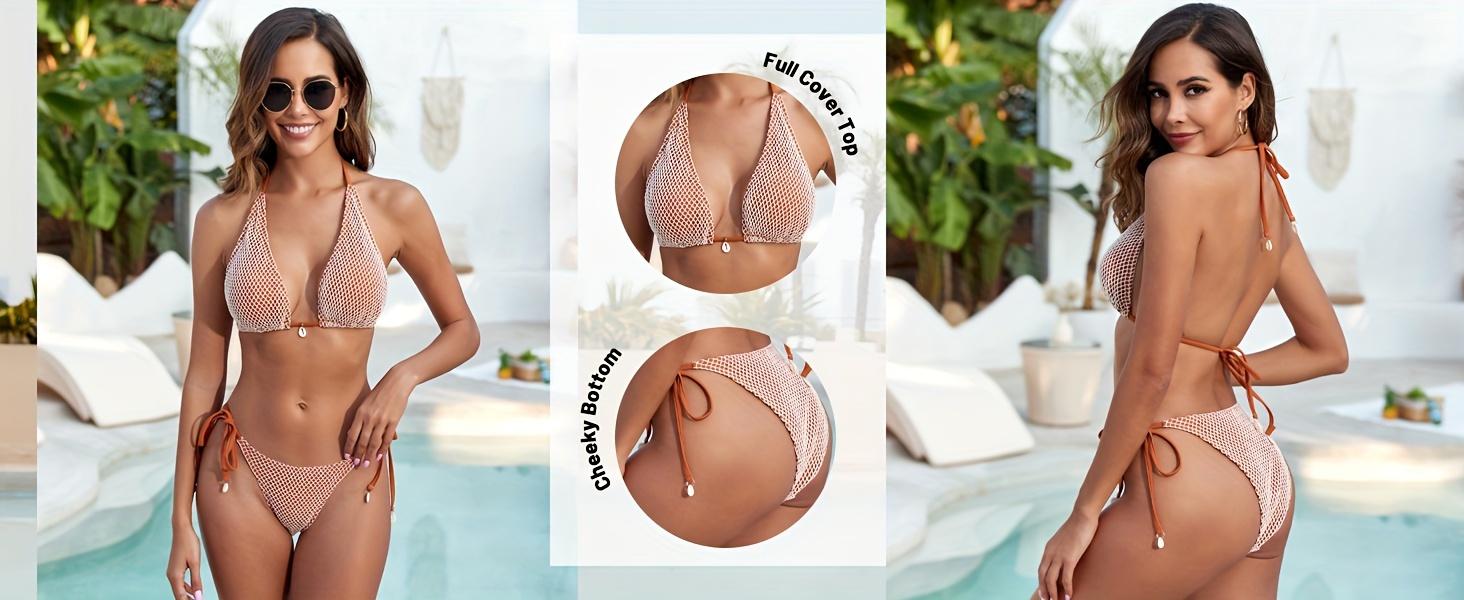 Women'S Bikini Set Fishnet Triangle Tie Convertible Collar Halter Bandeau Shell Two Piece Bathing Suit