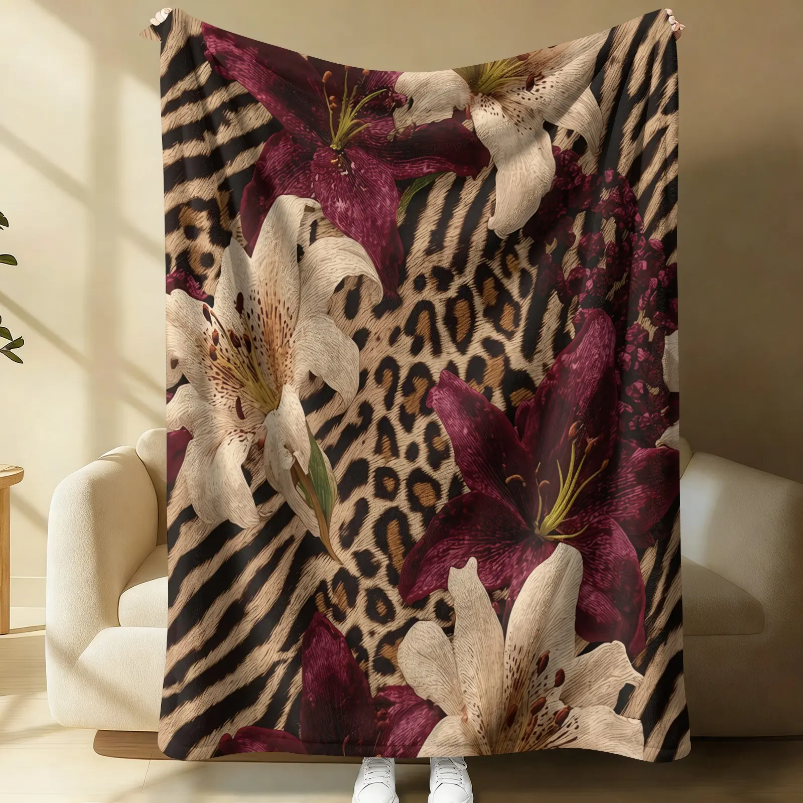 Leopard Burgundy Lily Print Flannel Blanket, Comfortable for All Seasons, Suitable for Bed, Sofa, Floor, and Office - Modern Style with Vibrant Pink and Beige Roses, Leopard Print Design, Cozy Home Decor, Bed Blanket