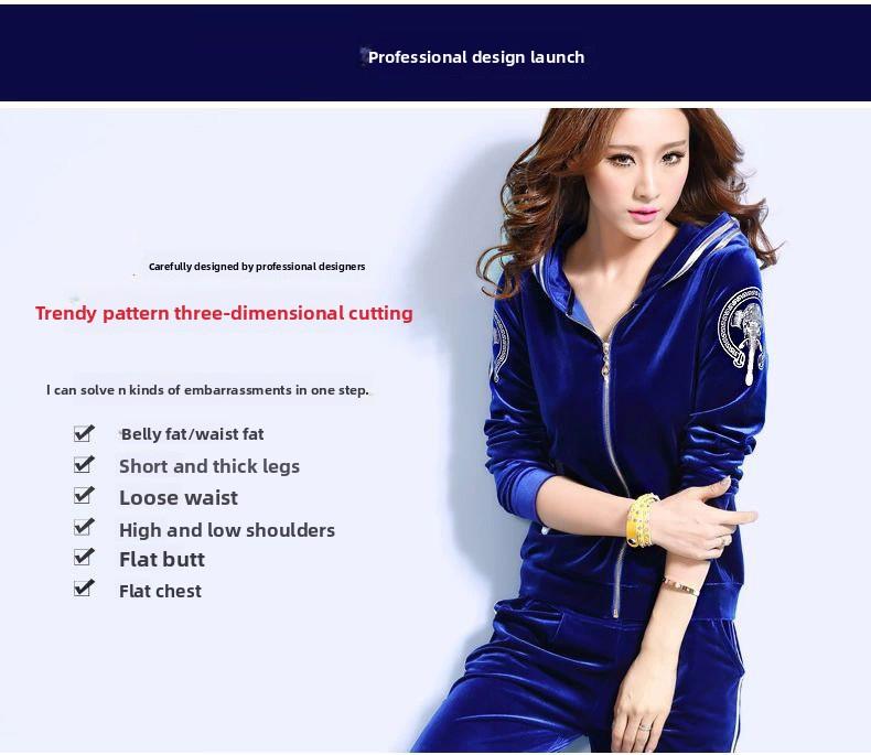Must-Have 2026 Women's Velvet Tracksuit - Hooded Elephant Embroidered 2 Piece Sportswear Set