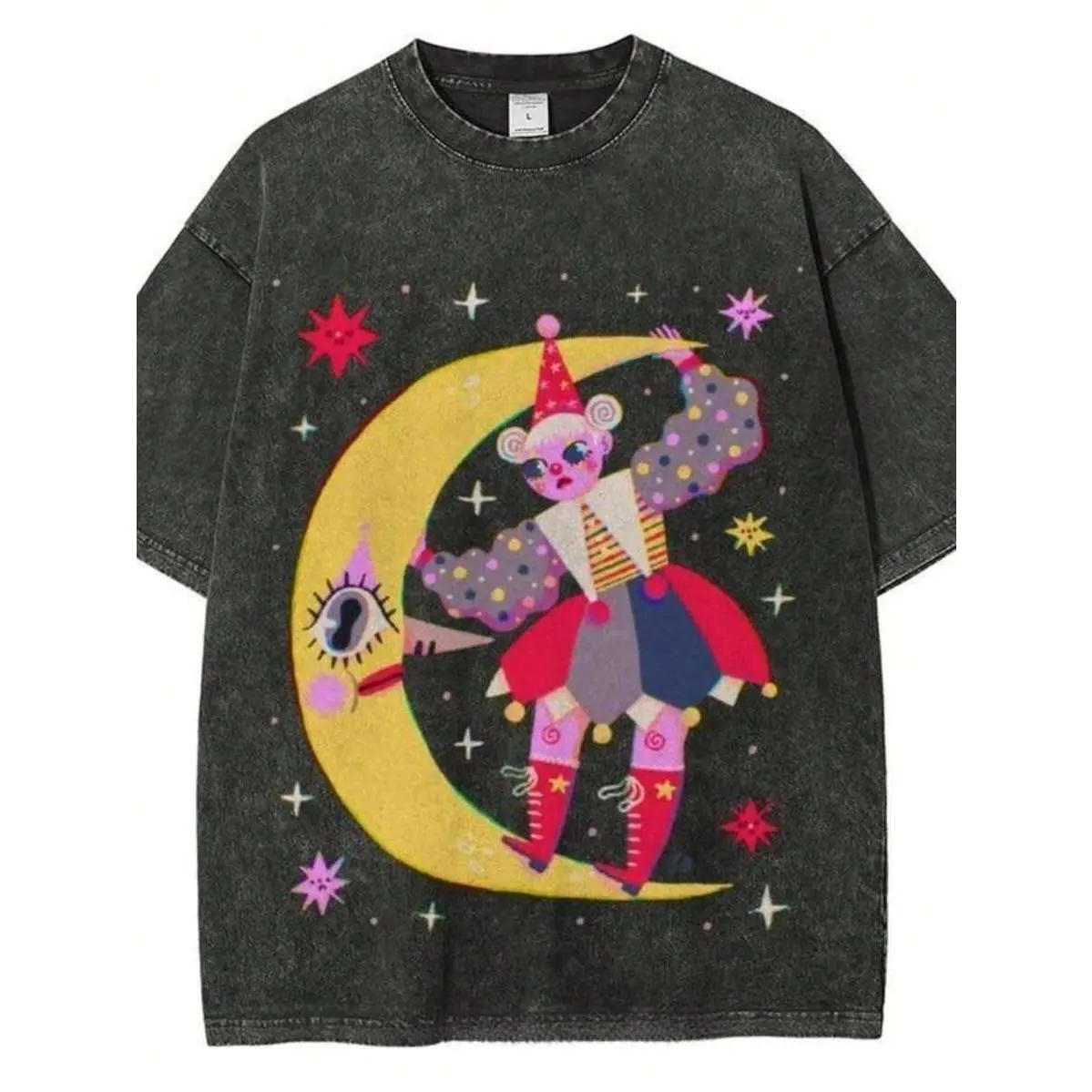 Retro Distressed Crew Neck Tee Unisex Weirdcore Surreal Clown Crescent Moon Eyeball Face Glitter Stars Trippy Cartoon Grunge Print Edgy Artistic Statement Casual Shopping Apparel