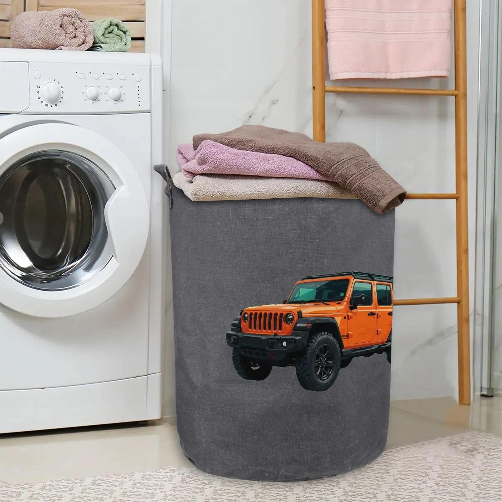 63L Large Collapsible Waterproof Polyester-Cotton Round Laundry Hamper Basket, Sturdy Reinforced Handles, Cool Orange Off-Road Jeep SUV Graphic Clothes Storage Bin, Portable Room Decor Organizer For Bedroom, Garage