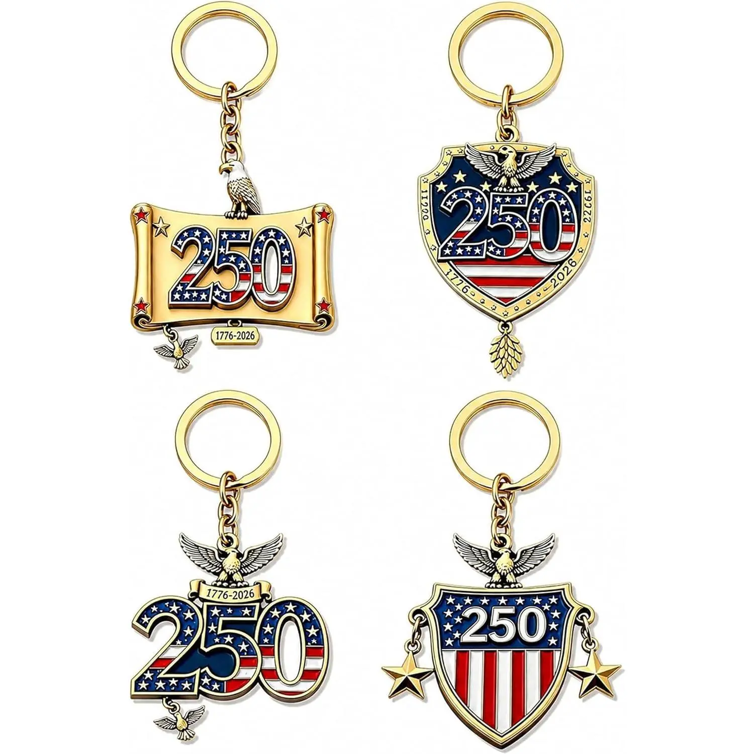 Patriotic American Flag Keychain Set, 4 Pack Collector's Edition Polished Metal Souvenirs for Men & Veterans, USA 250th Anniversary Laser Engraved Military Gift, America250, Independence Day, Laser Engraving, Memorial Day, Metal Keyrings, Set Of Four