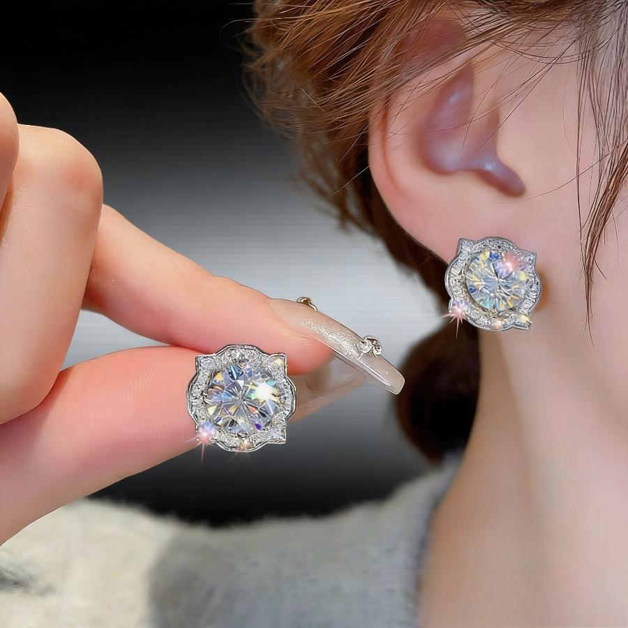 Bling Elegant Zirconia Inlaid Flower Stud Earrings - Silvery-Plated Women's Jewelry, Ideal for Daily Wear & Dating, Perfect Valentine's Day Gift