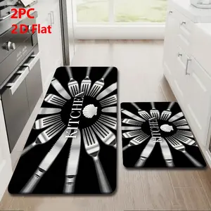 2/3pcs Flannel Kitchen Mat Set, Base Silver Color Cut Pile Rug, Modern Minimalist Design, Non-Slip, Absorbent