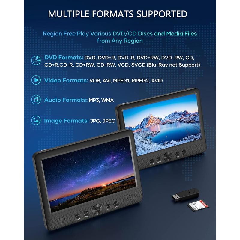 10.5" Two  DVD Players Portable Dual Screen Headrest Video Player, Play a Same or Two Different Movies with 5-Hour Rechargeable ,2 AC Adapters,2 Mounting Brackets,Support USB/SD Card