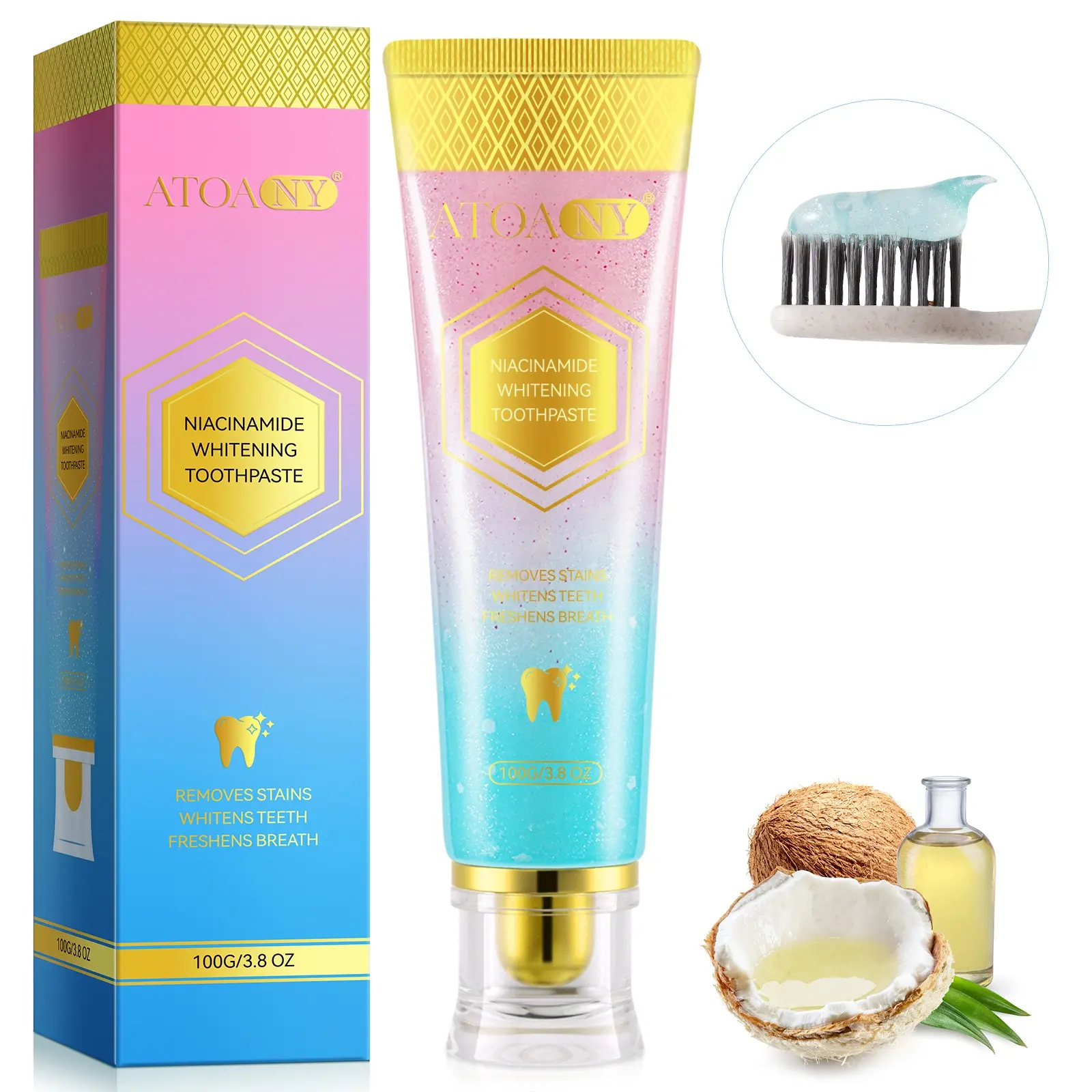 ATOANY Niacinamide Whitening Toothpaste 100g: This toothpaste produces a rich, fine lather that easily penetrates between teeth to remove deep-seated stains, providing a thorough clean.