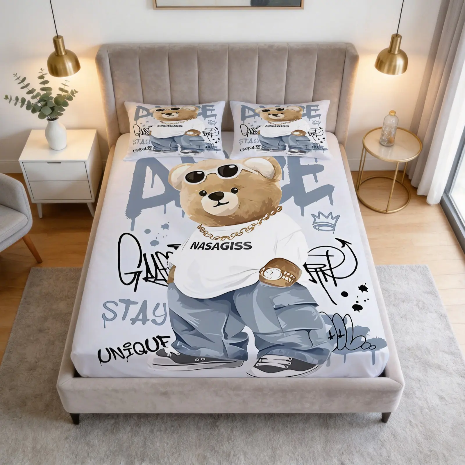 3-Piece Bear Pattern Fitted Sheet Set, Including 1 Flat Sheet And 2 Pillowcases, Soft And Comfortable Bedding, Non-Slip Dust Cover, Suitable For Bedroom And Guest Room