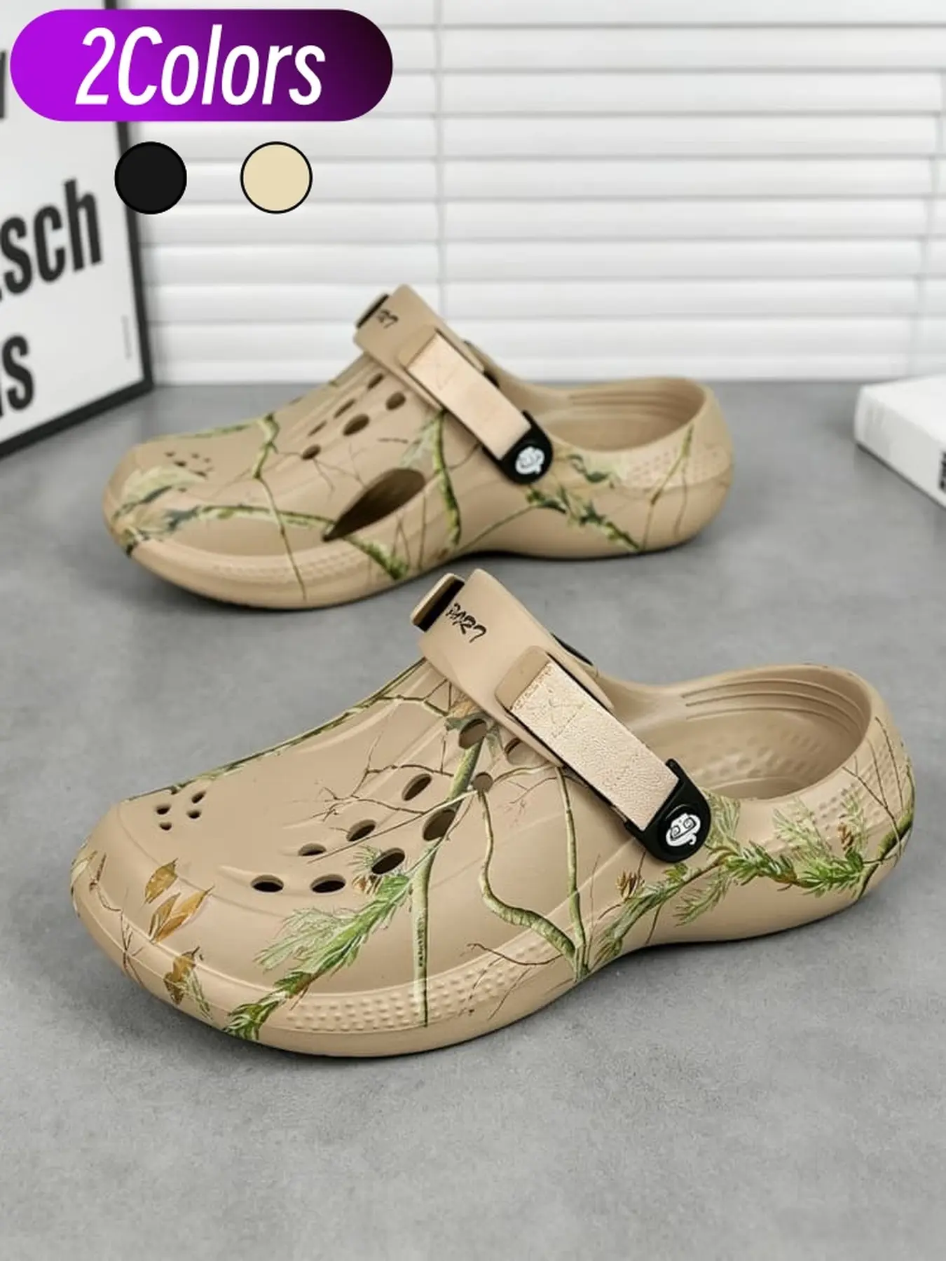 Men camo branch printed outdoor slides quick dry hollow upper rotatable heel strap anti-slip casual beach camping sandals